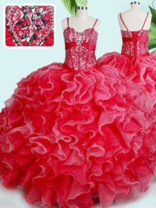 Extravagant Spaghetti Straps Sleeveless Casual Dresses Floor Length Beading and Ruffles Red Organza
