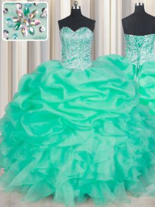Pretty Apple Green Ball Gowns Organza Sweetheart Sleeveless Beading and Ruffles and Pick Ups Floor Length Lace Up Vestidos de Quinceanera