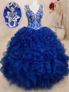 Wonderful Royal Blue Backless Womens Party Dresses Beading and Embroidery and Ruffles Sleeveless Floor Length