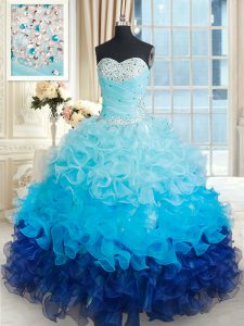 Colorful Sleeveless Floor Length Beading and Ruffles Lace Up Sweet 16 Dress with Multi-color