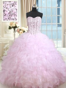 Chic Sweetheart Sleeveless Organza Quince Ball Gowns Beading and Ruffles and Ruffled Layers Lace Up