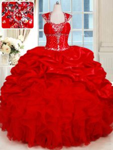 Red Backless Sweetheart Ruffles and Pick Ups Quinceanera Gowns Organza and Taffeta Cap Sleeves
