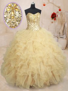 Deluxe Sleeveless Floor Length Beading and Ruffles and Sequins Lace Up Vestidos de Quinceanera with Champagne