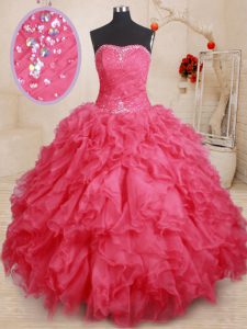 Inexpensive Coral Red Sweetheart Neckline Beading and Ruffles Quinceanera Gown Sleeveless Lace Up