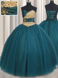 Perfect Teal Tulle Lace Up Sweetheart Sleeveless Floor Length Quinceanera Gowns Beading