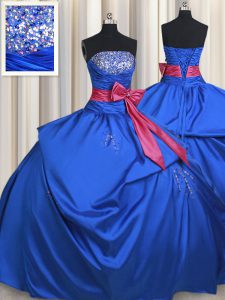 Blue Strapless Neckline Beading and Bowknot Quinceanera Dress Sleeveless Lace Up