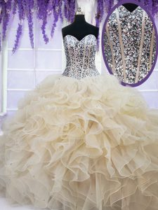 Fashion Sleeveless Floor Length Beading and Ruffles Lace Up Sweet 16 Dresses with Champagne