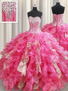 Enchanting Hot Pink Sweetheart Neckline Beading and Ruffles and Sequins 15 Quinceanera Dress Sleeveless Lace Up