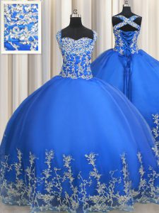 Stylish Straps Sleeveless Floor Length Beading and Appliques Lace Up Party Dress for Girls with Blue