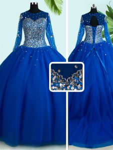 High Quality Scoop Long Sleeves Brush Train Lace Up With Train Beading Quinceanera Dama Dress