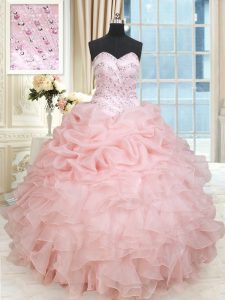 Baby Pink Ball Gowns Sweetheart Sleeveless Organza Floor Length Lace Up Beading and Ruffles and Pick Ups Sweet 16 Dresses