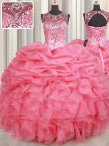 Amazing Scoop Floor Length Watermelon Red Quince Ball Gowns Organza Sleeveless Beading and Ruffles and Pick Ups