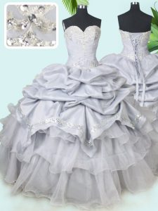 Sumptuous Grey Organza and Taffeta Lace Up Party Dress Wholesale Sleeveless Floor Length Beading and Sequins and Pick Ups