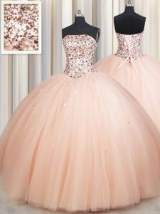 Cheap Floor Length Ball Gowns Sleeveless Peach Quince Ball Gowns Lace Up