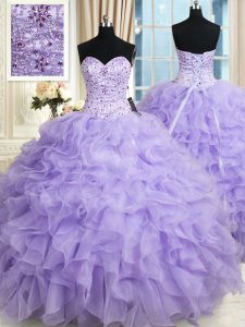 Chic Floor Length Lavender Quinceanera Dresses Organza Sleeveless Beading and Ruffles