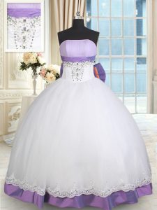 Luxurious White And Purple Sleeveless Floor Length Beading and Lace and Bowknot Lace Up Ball Gown Prom Dress