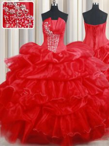 Sumptuous Strapless Sleeveless Organza Quinceanera Gown Beading and Pick Ups Lace Up