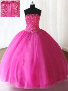 Fine Sleeveless Floor Length Beading Lace Up Quinceanera Gowns with Hot Pink