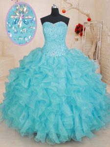 Free and Easy Aqua Blue Ball Gowns Organza Sweetheart Sleeveless Beading and Ruffles Floor Length Lace Up Ball Gown Prom Dress