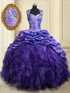 Pretty Purple Lace Up Straps Beading and Ruffles and Pick Ups Quinceanera Dresses Organza and Taffeta Cap Sleeves Brush Train