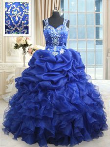 Vintage Straps Royal Blue Ball Gowns Beading and Ruffles and Pick Ups 15th Birthday Dress Zipper Organza Sleeveless Floor Length