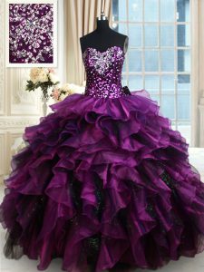 Beading and Ruffles and Ruffled Layers and Sequins Quinceanera Court of Honor Dress Purple Lace Up Sleeveless Floor Length