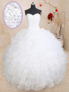 Chic Sweetheart Sleeveless Ball Gown Prom Dress Floor Length Beading and Ruffles White Organza