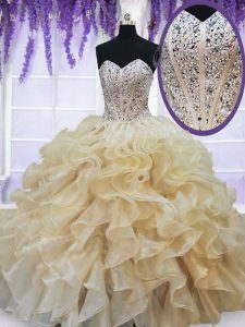 Classical Sleeveless Organza Floor Length Lace Up Vestidos de Quinceanera in Champagne with Beading and Ruffles