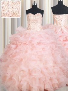 Baby Pink Sweetheart Lace Up Beading and Ruffles 15th Birthday Dress Sleeveless