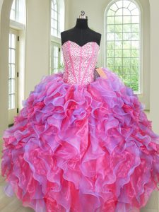 Sweet Multi-color Ball Gowns Beading and Ruffles Quinceanera Dresses Lace Up Organza Sleeveless Floor Length