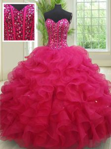 Fuchsia Sleeveless Beading and Ruffles Floor Length Sweet 16 Dress