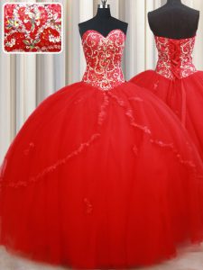Glittering Floor Length Red 15 Quinceanera Dress Tulle Sleeveless Beading and Appliques