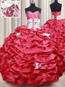 Modern Sleeveless Taffeta With Brush Train Lace Up 15th Birthday Dress in Coral Red with Beading and Appliques and Sequins and Pick Ups