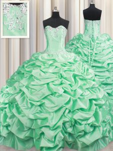 Dazzling Apple Green Ball Gowns Beading and Pick Ups Court Dresses for Sweet 16 Lace Up Taffeta Sleeveless With Train