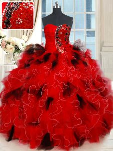 Sophisticated Sequins Black and Red Sleeveless Tulle Lace Up Sweet 16 Dress for Military Ball and Sweet 16 and Quinceanera