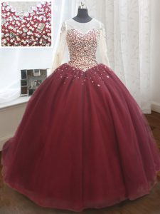 Dazzling Scoop Sequins Wine Red Long Sleeves Tulle Court Train Lace Up Quinceanera Dresses for Military Ball and Sweet 16 and Quinceanera