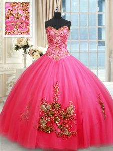 Custom Design Floor Length Lace Up Sweet 16 Dress Hot Pink for Military Ball and Sweet 16 and Quinceanera with Beading and Appliques