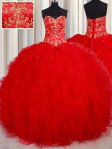 Most Popular Ball Gowns Quince Ball Gowns Red Sweetheart Tulle Sleeveless Floor Length Lace Up