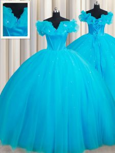Pretty Off The Shoulder Sleeveless Court Train Lace Up Sweet 16 Quinceanera Dress Baby Blue Tulle
