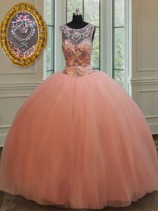 Fabulous Scoop Peach Tulle Lace Up 15 Quinceanera Dress Sleeveless Floor Length Beading and Sequins