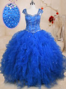 Blue Straps Lace Up Beading and Ruffles Sweet 16 Quinceanera Dress Cap Sleeves