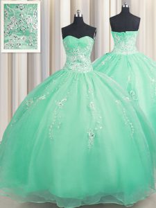Fantastic Floor Length Turquoise Quince Ball Gowns Organza Sleeveless Beading and Appliques