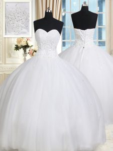Fantastic White Ball Gowns Tulle Sweetheart Sleeveless Beading Floor Length Lace Up Quince Ball Gowns