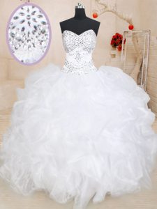White Lace Up Sweetheart Beading and Ruffles 15th Birthday Dress Organza Sleeveless
