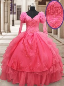 Beading and Embroidery and Ruffled Layers Quinceanera Dresses Pink Zipper Half Sleeves Floor Length