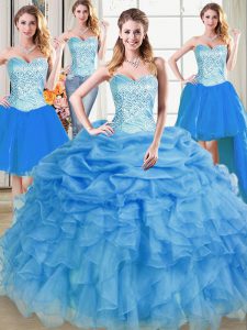Four Piece Blue Sleeveless Beading and Ruffles and Pick Ups Floor Length Quinceanera Dresses