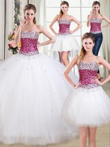 Four Piece Beading Quinceanera Gowns White Lace Up Sleeveless Floor Length