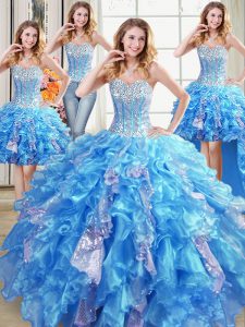 Four Piece Baby Blue Sweetheart Lace Up Beading and Ruffles and Sequins Ball Gown Prom Dress Sleeveless
