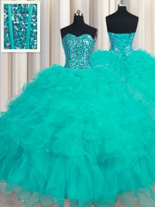 Turquoise Organza Lace Up Sweetheart Sleeveless Floor Length 15th Birthday Dress Beading and Ruffles