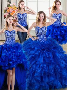 Four Piece Beading and Ruffles Military Ball Dresses Royal Blue Lace Up Sleeveless Brush Train